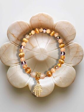 Cat’s Eye Bead Bracelet Hamsa Hand Charm Glass Bead Bracelet